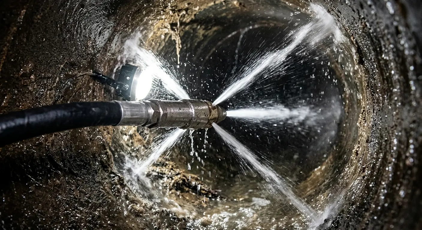 High-pressure hydro jetting nozzle cleaning sewer pipe for Sewer Cleanout in Lockhart