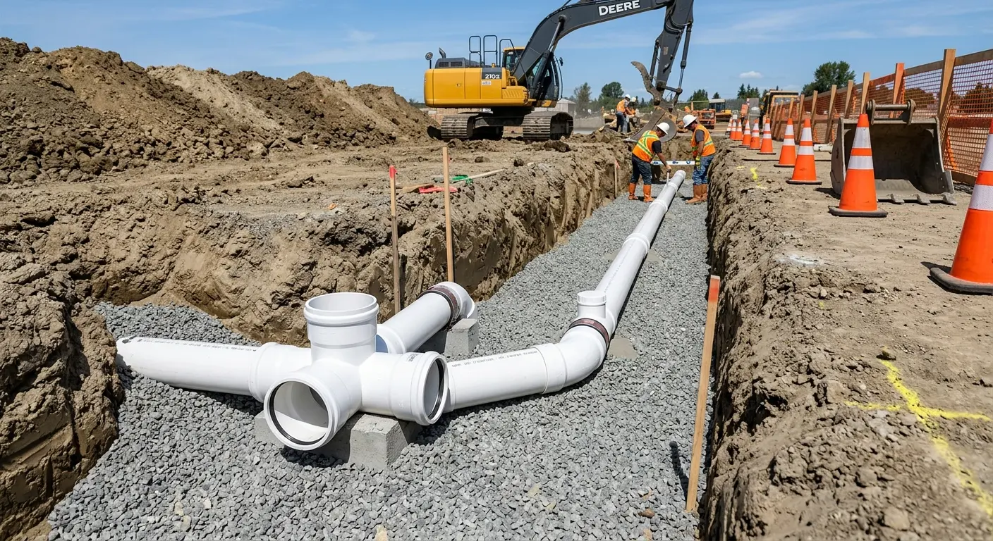 New PVC sewer pipe installation in open trench for Sewer Backup in Lockhart